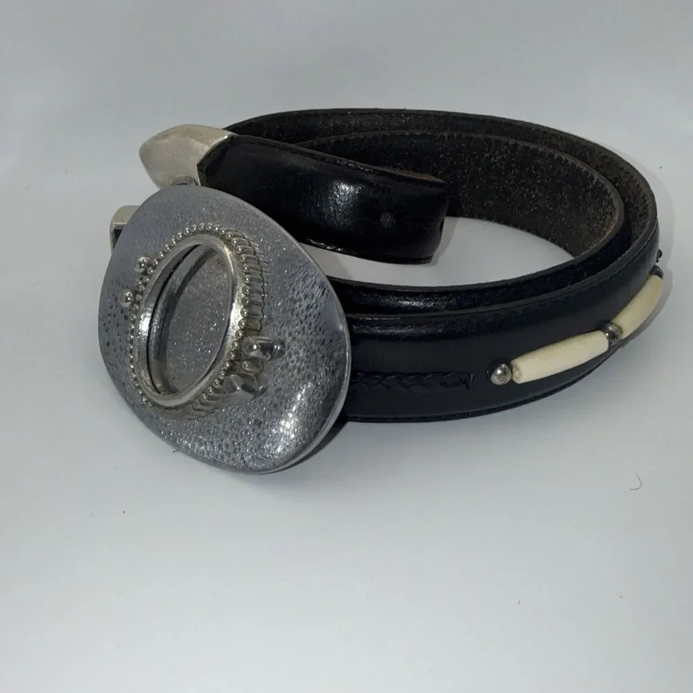 Onyx By Brighton Mens Black Beaded Leather Belt Silver Tone Size 36